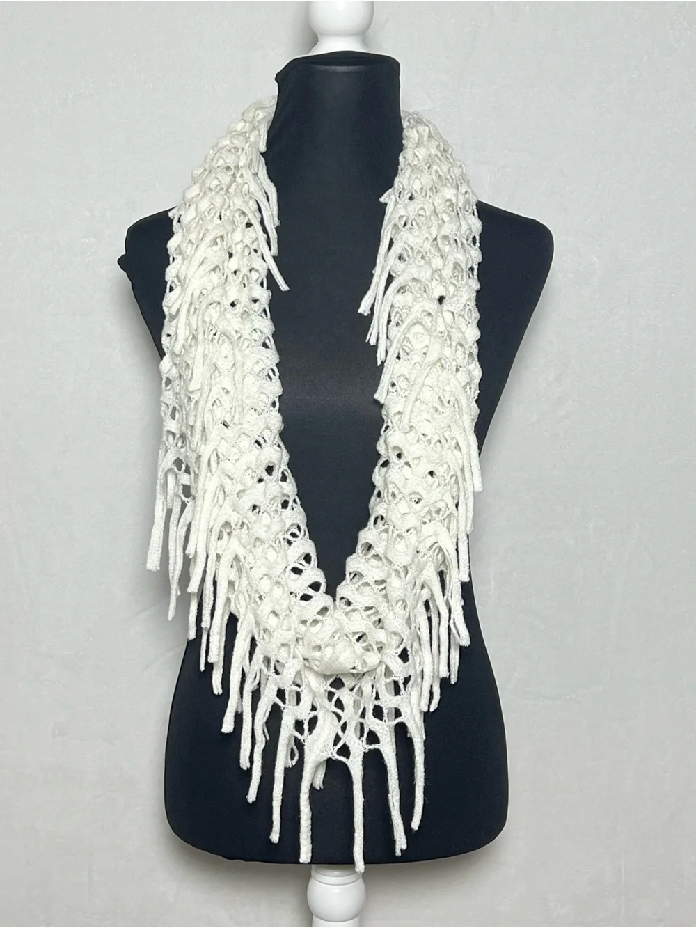 White Crochet Fringe Infinity Scarf
